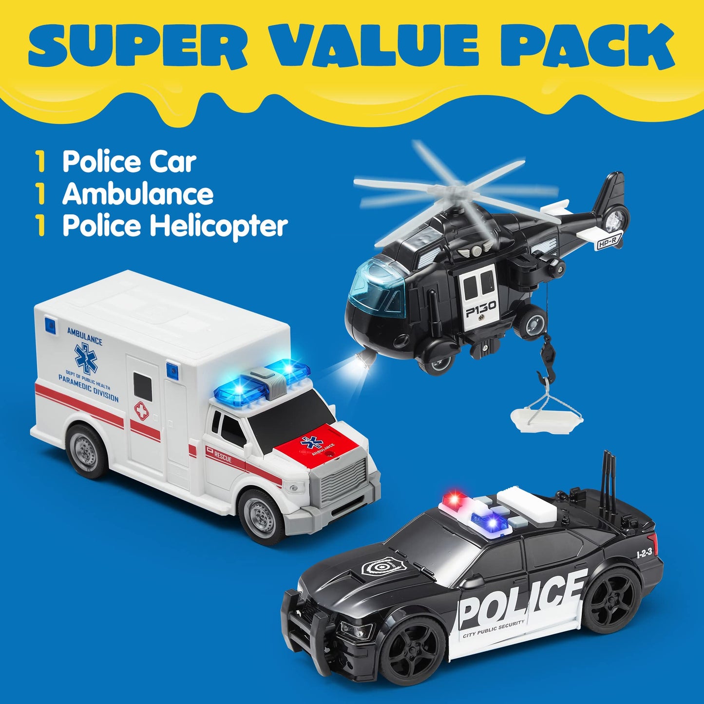 JOYIN Toddler Truck Toys for 3 4 5 6 7 Year Old Boys - Police Car Toy Set, Emergency Vehicle Playset, Friction Powered Car with Lights and Sounds