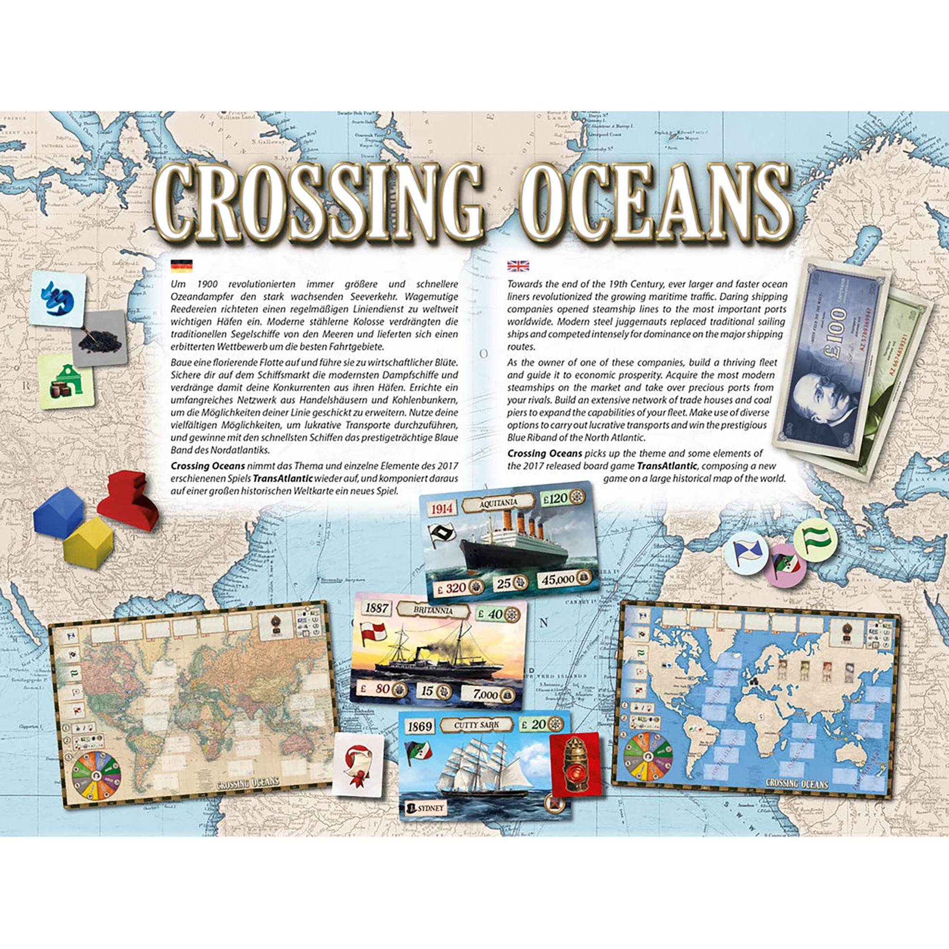 Rio Grande Games Crossing Oceans: Economic Strategy Maritime Board Game for 2-4 Players, Ages 14+, 19th Century Trading Game with 45-90 Minute