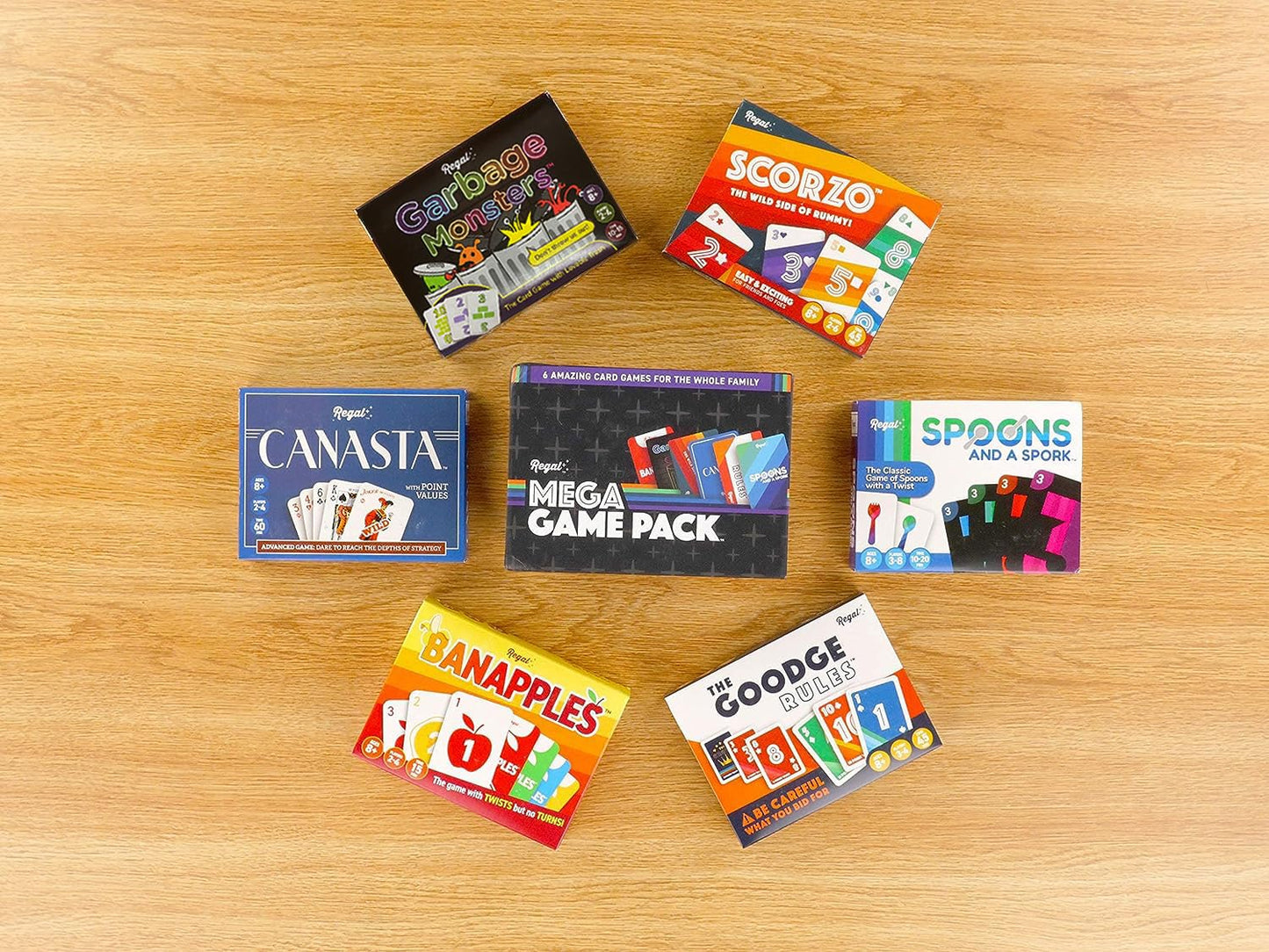 Regal Games Fun Card Games Set for Adults - Canasta, Spoons and a Spork, Garbage Monsters, ScorZo, The Goodge Rules, and Banapples Decks - Fun