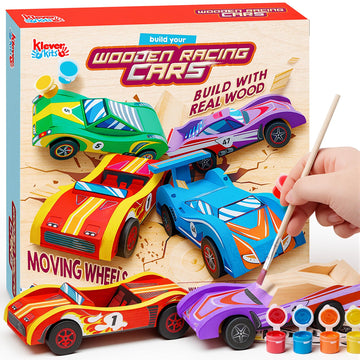 Klever Kits 4 DIY Wooden Race Cars-Build & Paint Your Own Wood Craft Kit, 4 Race Cars Toy, Easy to Assemble Arts Crafts Kit, Birthday Party Presents