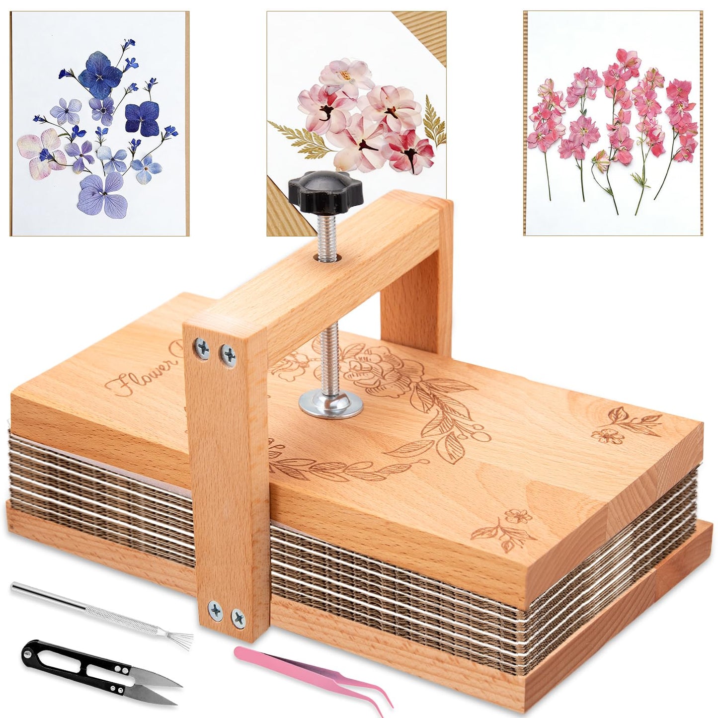 v2croft Flower Press Kit, Even Pressure 10" x 6" Wooden Flower Pressing Kit with 8 Layers for Dried Plant Preservation, DIY Arts, Gift for Craft