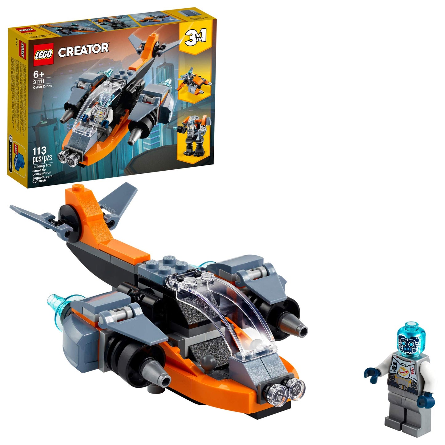 LEGO Creator 3 in 1 Cyber Drone Space Toys, Transforms from Drone to Cyber Mech or Cyber Scooter, Space Toy Building Set, Gift for 6 Plus Year Old