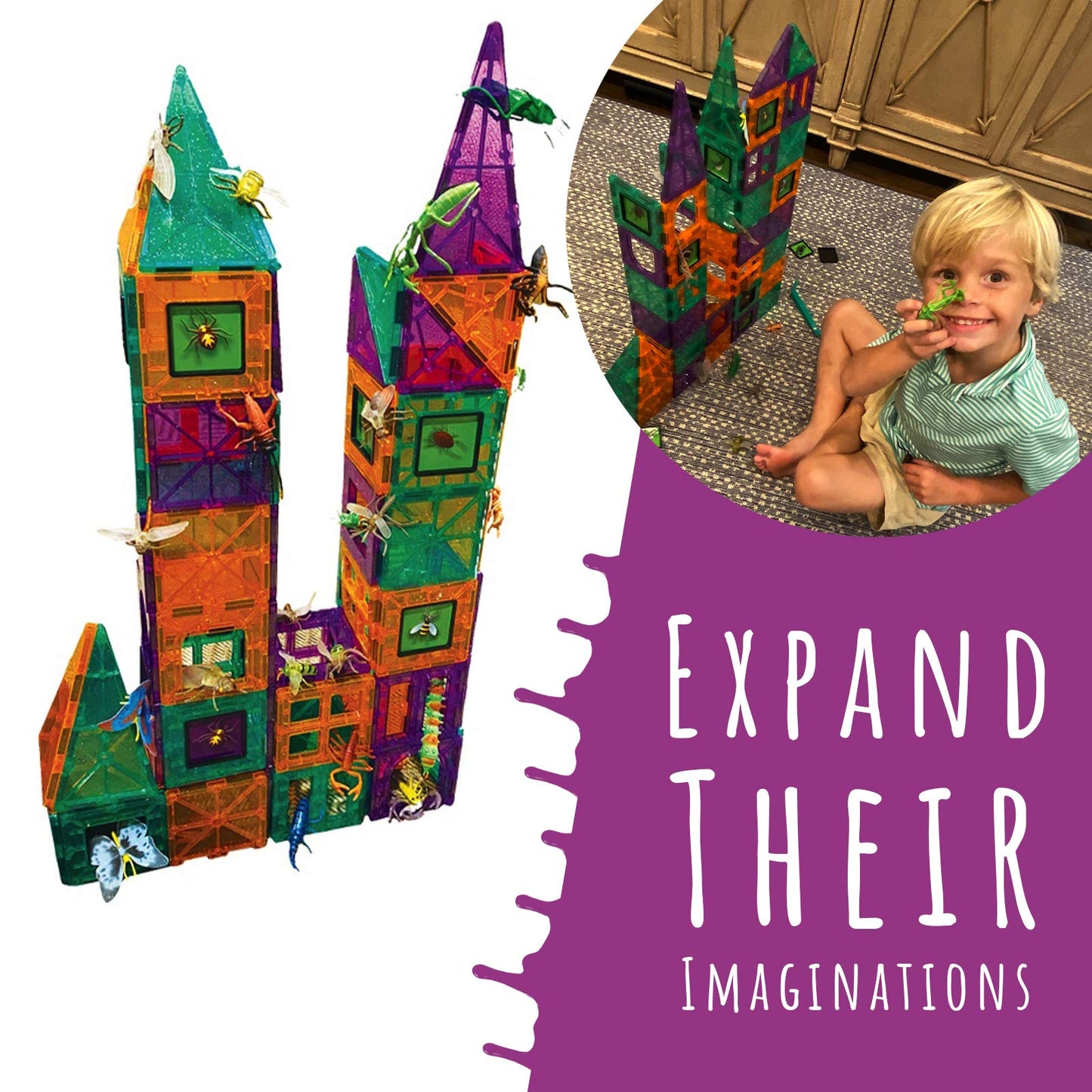 DIY jr Creepy Archi Tiles - Magnetic Tiles for Kids - Colorful Construction Building Blocks with Bugs, Storage Bag, Stickers, Tweezers - Creative