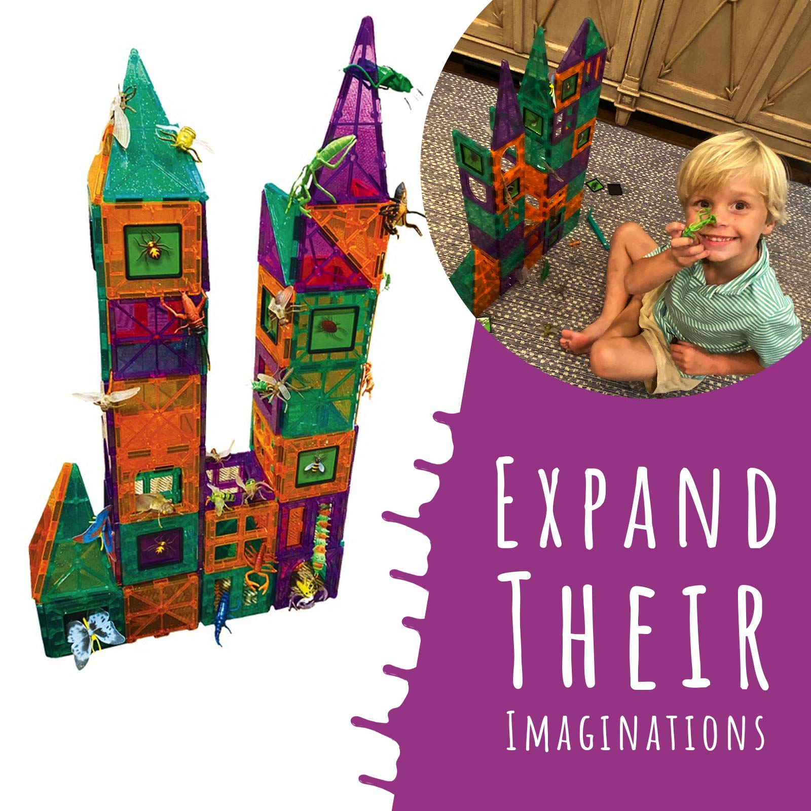 DIY jr Creepy Archi Tiles - Magnetic Tiles for Kids - Colorful Construction Building Blocks with Bugs, Storage Bag, Stickers, Tweezers - Creative