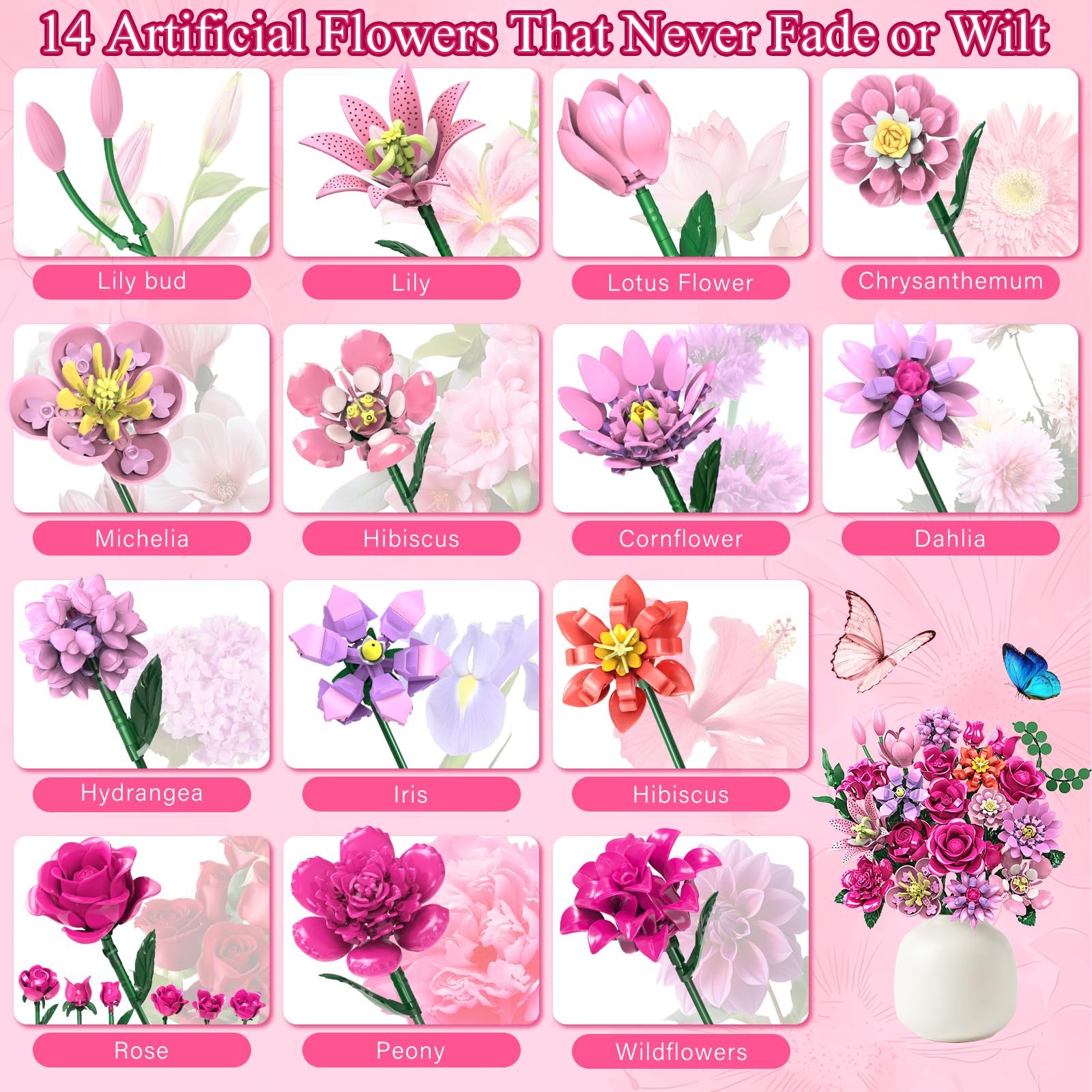 Utbttor LED Flower Bouquet Building Set, 23 Styles Artificial Botanical Blocks, 924 PCS DIY Flower Collection Table Decor Gift for Women & Girls