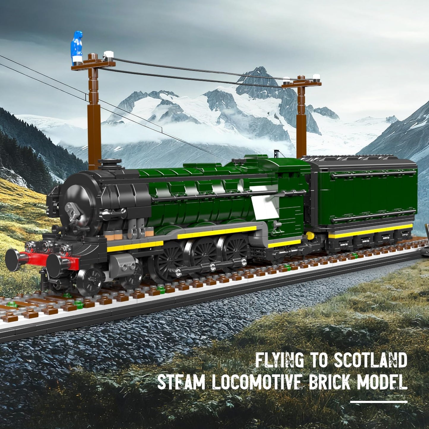 Mould King 12044 Flying Scotsman Steam Locomotive Model Building Kit, 1766+ Pieces Large Scale Train Set with Display Tracks and Freight Car, Assembly