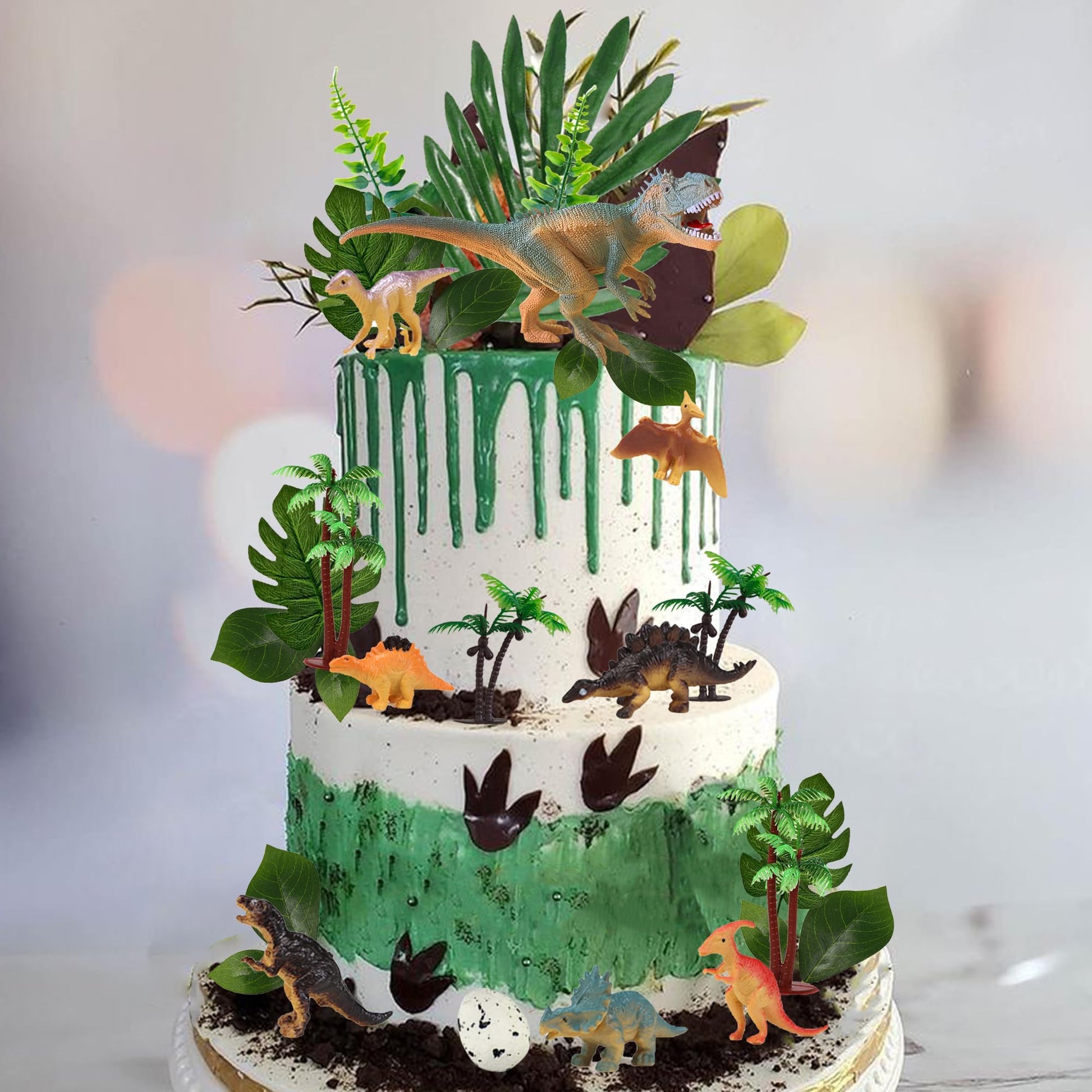 32 PCS Dinosaur Cake Toppers Dinosaur Birthday Cake Decorations with Dinosaur Eggs Leaves for Dinosaur Themed Birthday Party Cake Decorations (Style