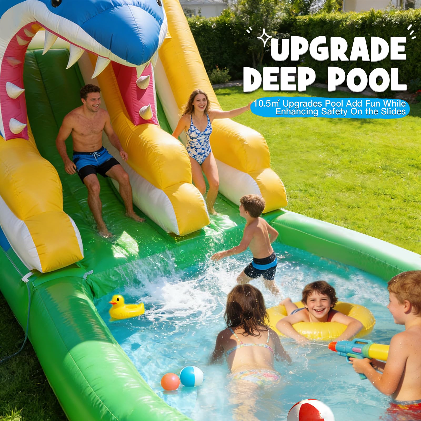 26FT Inflatable Water Slide, 1M Wide Slide with Climbing Steps, Water Hose, Handles, Enclosed Netting & Basketball Set, Heavy Duty PVC Outdoor Water