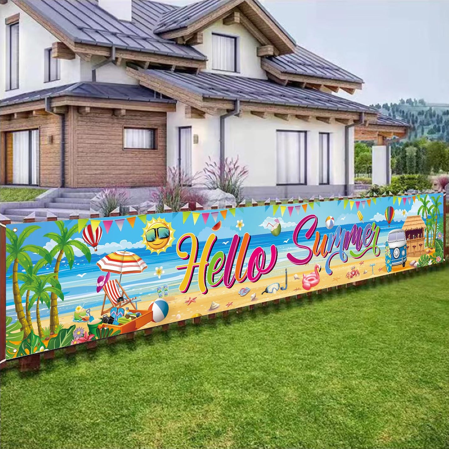 Hello Summer Banner, 118 x 20 Inch Beach Pool Hawaiian Luau Party Decorations for Outdoor Display