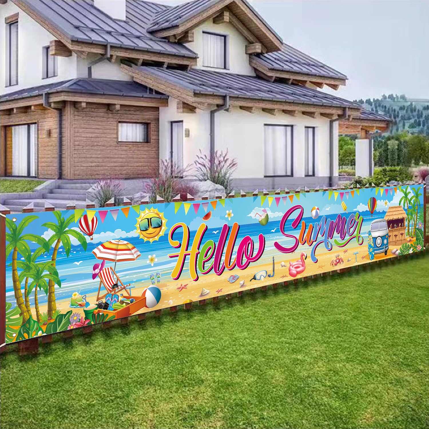 Hello Summer Banner, 118 x 20 Inch Beach Pool Hawaiian Luau Party Decorations for Outdoor Display