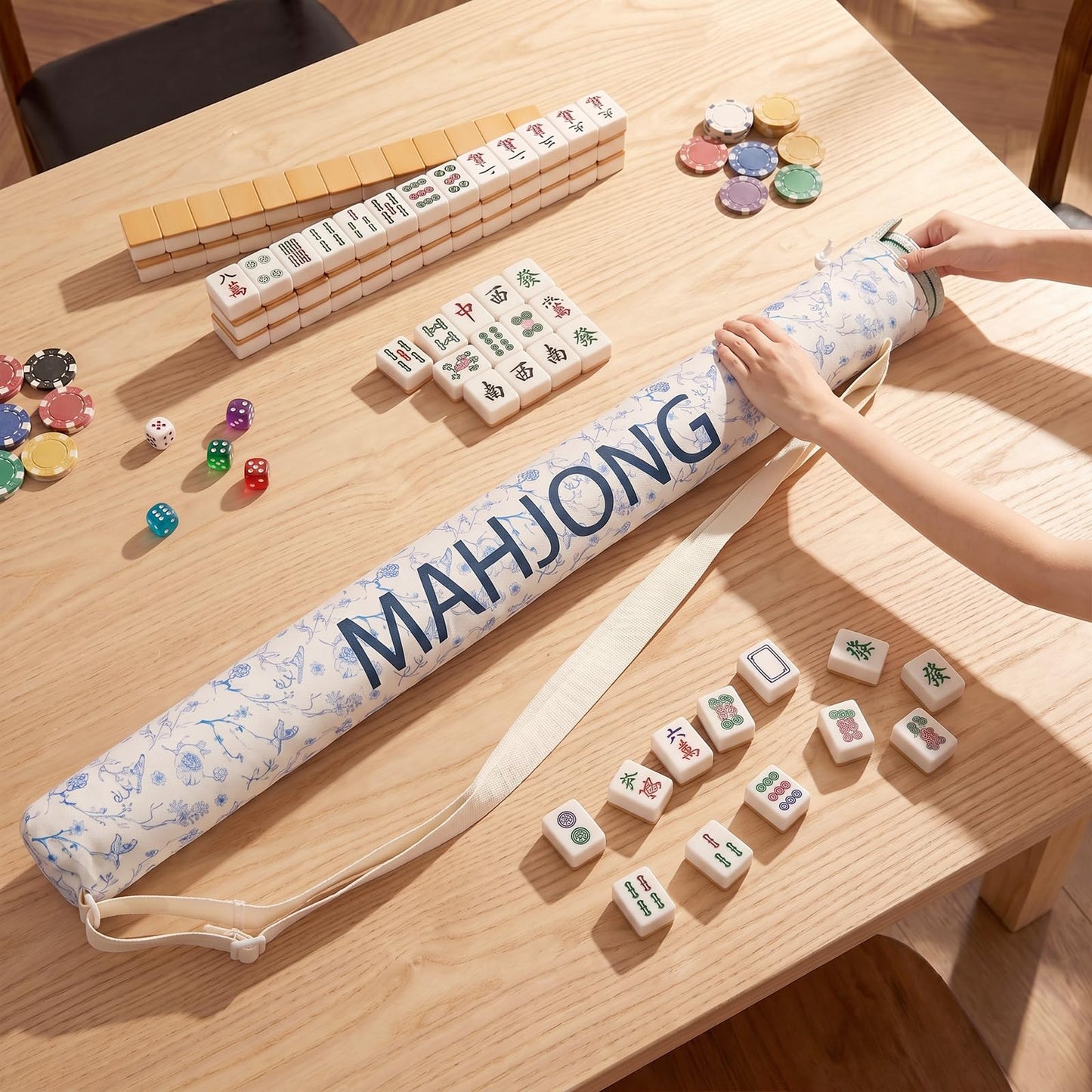 Xelbreelark 35.4 Inch Long Canvas Mahjong Mat Carrying Bag Double Strapped Drawstring Holder Durable Bag Only for Mahjong Lovers, Mat Not Included