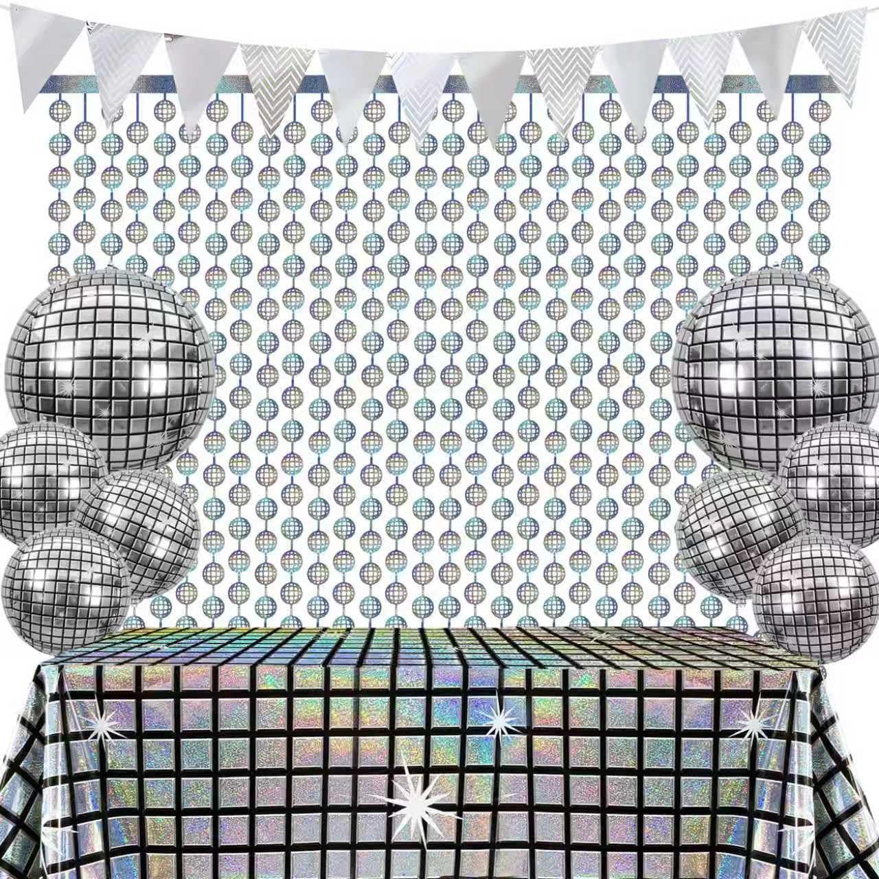 12PCS Disco Party Decorations Supplies Sequin Backdrop Disco Ball Women Men 60s 70s Birthday Party Decorations Tablecloth 2PCS Silver Foil Fringe