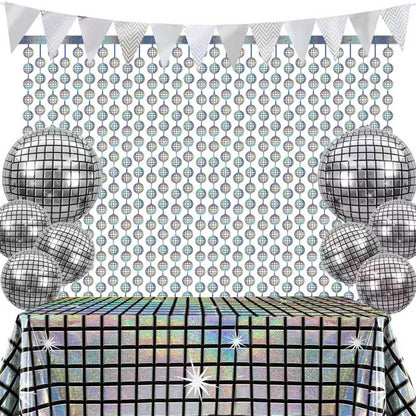 12PCS Disco Party Decorations Supplies Sequin Backdrop Disco Ball Women Men 60s 70s Birthday Party Decorations Tablecloth 2PCS Silver Foil Fringe