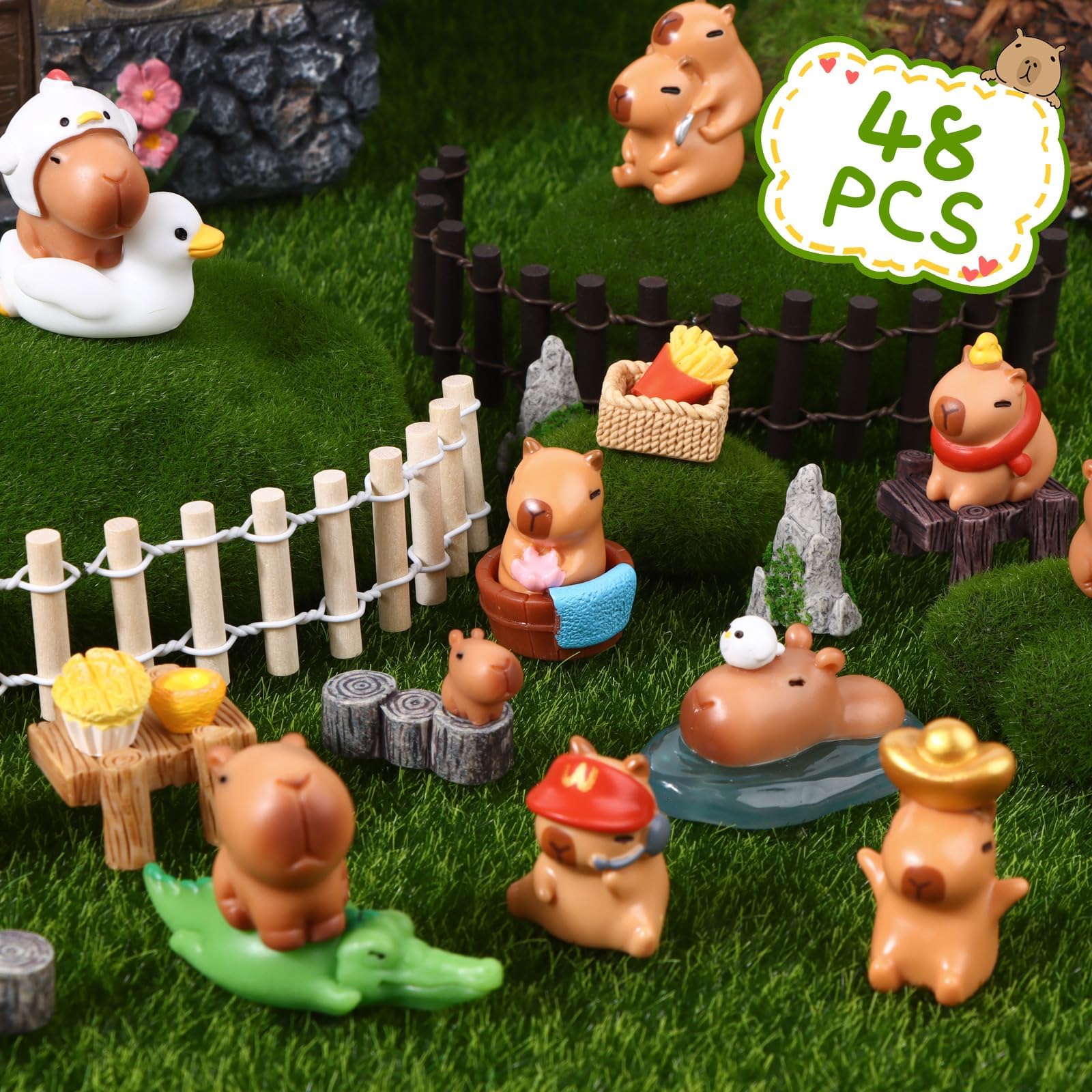 48 Pcs Mini Capybara Figures Set Cute Capybara Figurine Mini Resin Capybaras Resin Animals Toys Miniature Figurines Capybaras Cake Toppers for Garden