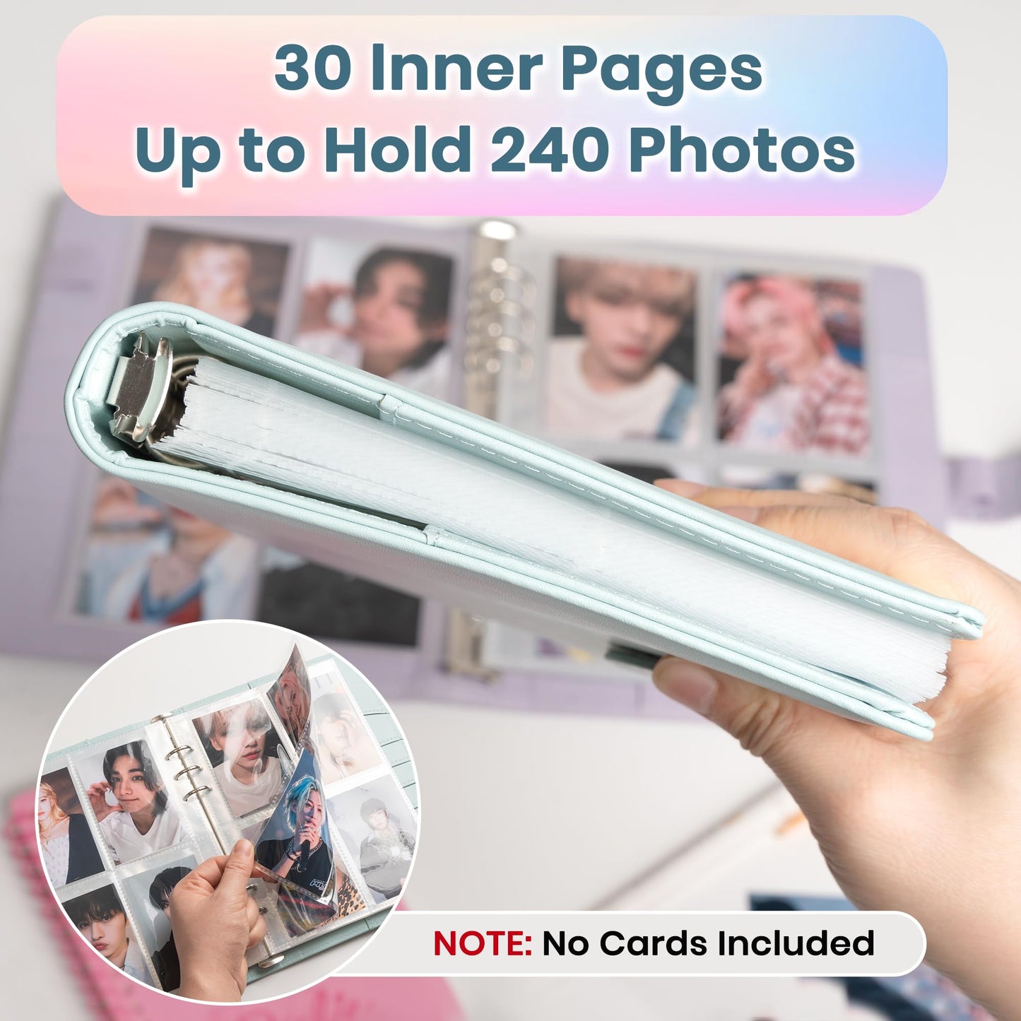 A5 Kpop Photocard Binder, 6 Ring Card Collector Album with 240 Card Slots, 30 Double-Sided Photocard Sleeves, PU Leather Binder Cover for Organizing