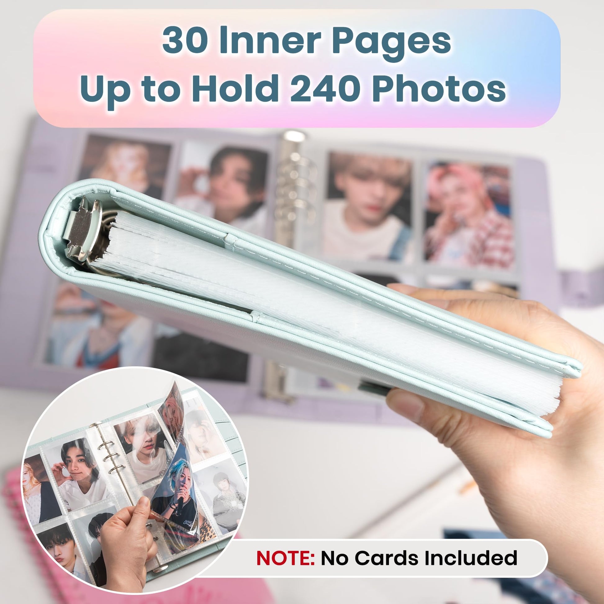 A5 Kpop Photocard Binder, 6 Ring Card Collector Album with 240 Card Slots, 30 Double-Sided Photocard Sleeves, PU Leather Binder Cover for Organizing