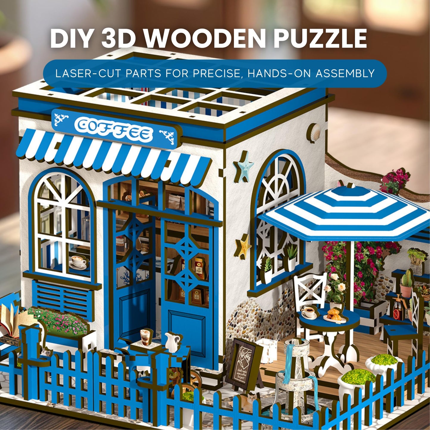 Santorini Sun Coffee Shop DIY Book Nook Kit - 3D Wooden Puzzle for Adults with LED Light, Mediterranean Café Bookshelf Insert for Adults and Teens