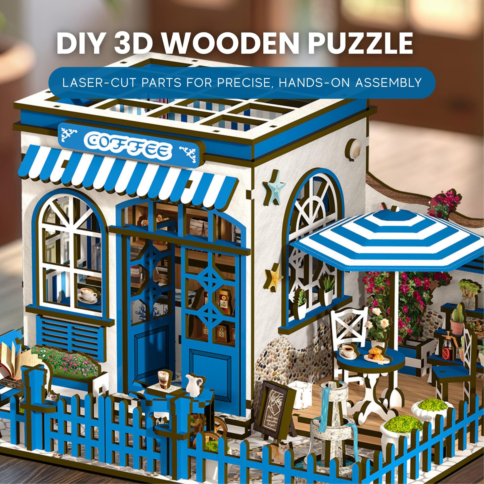 Santorini Sun Coffee Shop DIY Book Nook Kit - 3D Wooden Puzzle for Adults with LED Light, Mediterranean Café Bookshelf Insert for Adults and Teens