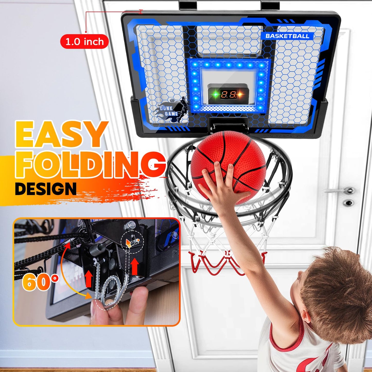 Indoor Basketball Hoop Pro for Kids, Over The Door Basketball Hoop with LED Light/Scoreboard/4 Balls- Upgraded Anti-Impact Backboard, Basketball Toys
