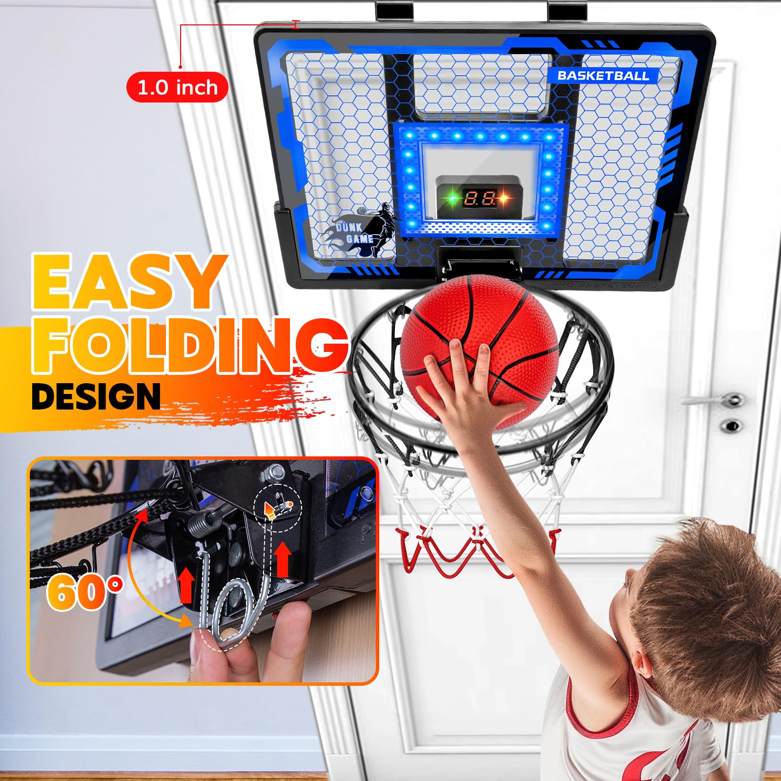 Indoor Basketball Hoop Pro for Kids, Over The Door Basketball Hoop with LED Light/Scoreboard/4 Balls- Upgraded Anti-Impact Backboard, Basketball Toys