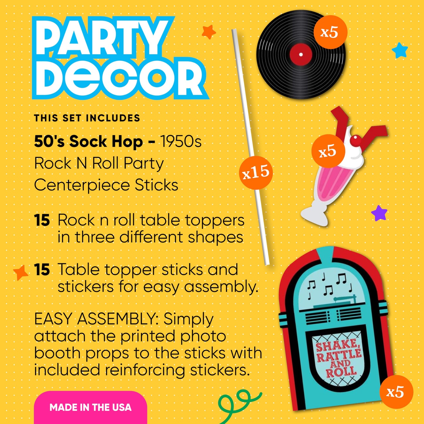 Big Dot of Happiness 50's Sock Hop - 1950s Rock N Roll Party Centerpiece Sticks - Table Toppers - Set of 15