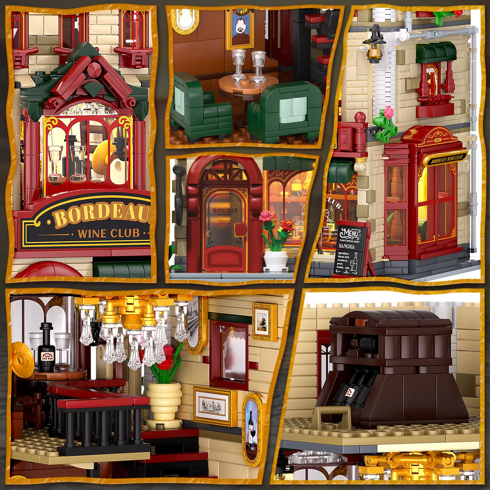 Bordeaux Wine Club Construction Building Set with LED Lights, City Town Winery Chateau House Building Kit, Vintage Collectible Model, Creative