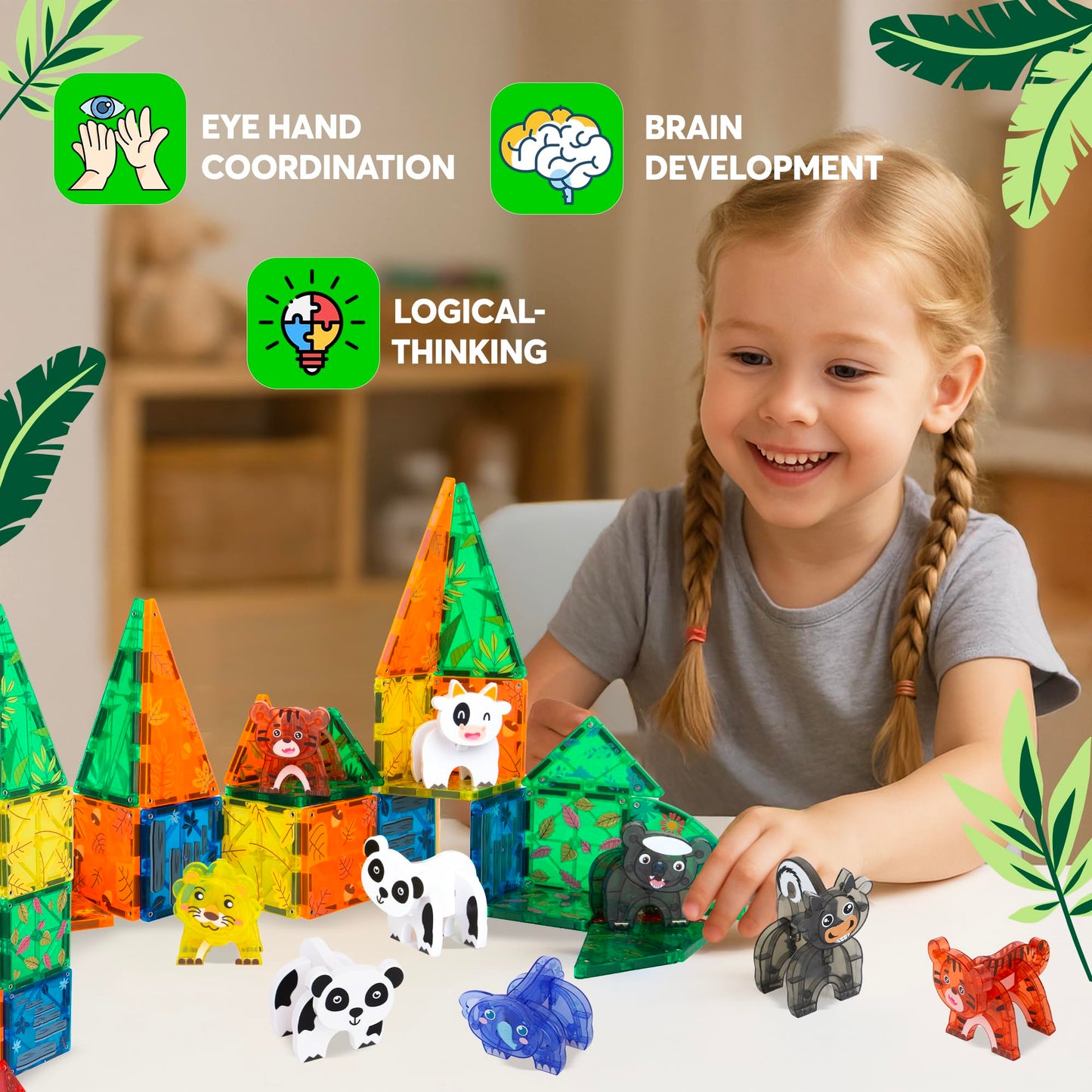 Playmags Animal Safari Magnetic Tiles for Kids - 42 Piece Set | Stacking & Building Blocks for Toddlers | Educational STEM Toy & Jungle Animal Figures