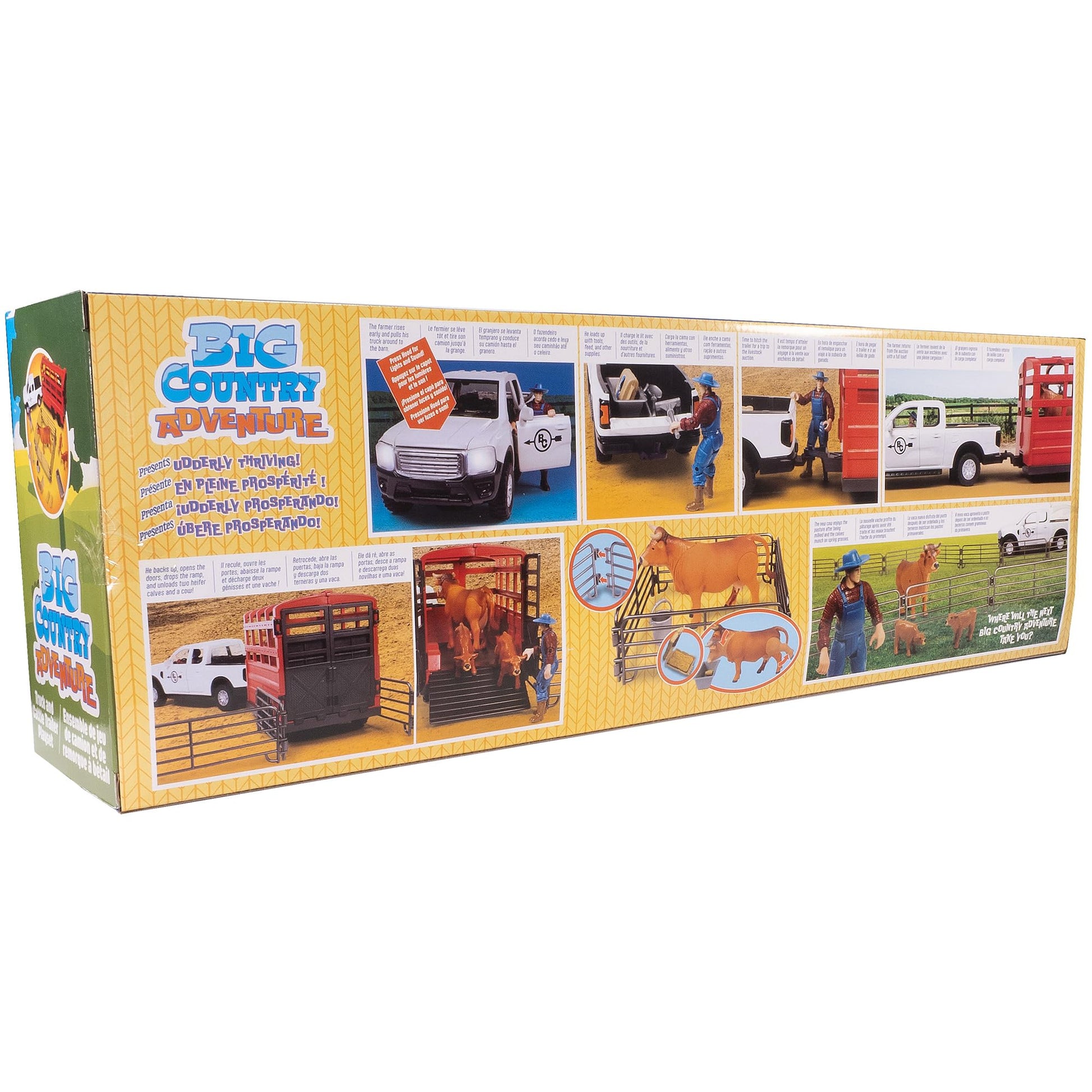 Big Country Toys: Truck & Cattle Trailer Adventure - 18pc Farm Toy Playset, Light-Sound White Pickup, Articulated Animals & Rancher Figure, Kids 3+