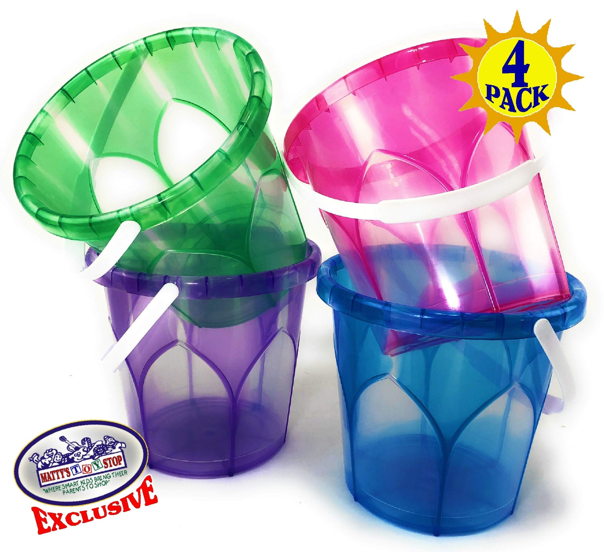 Matty's Toy Stop Beach Gear 6.5" Opaque Plastic Sand Buckets (Pails) Blue, Pink, Green & Purple Party Set Bundle - 4 Pack