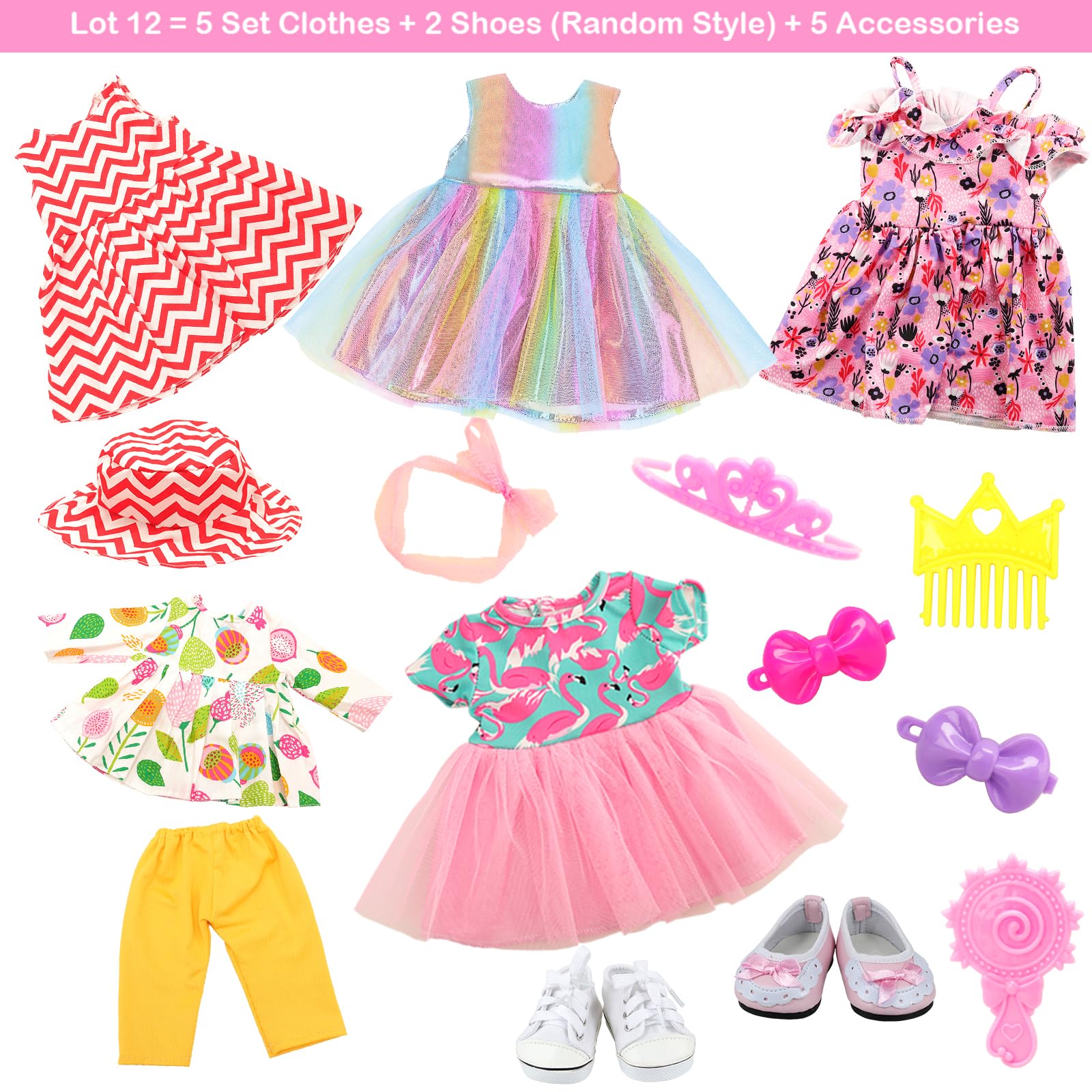 BARWA 18 inch Doll Clothes and Accessories 5 Sets Clothes Dress Outfits with 2 Pairs Shoes for 18 Inch Dolls