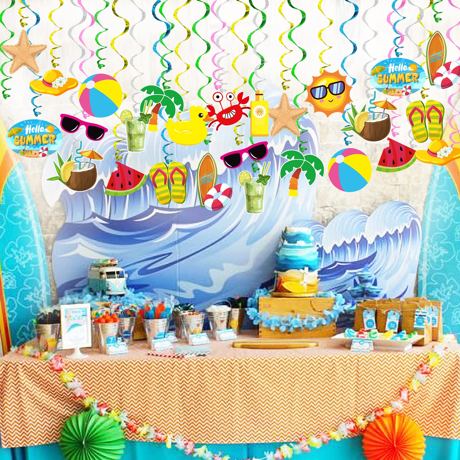 Summer Pool Beach Hanging Swirls Banner Decor 30 Pack Foil Ceiling Hanging Swirls Streams Banner Decorations Garland for Kids Luau Hawaii Celebrating