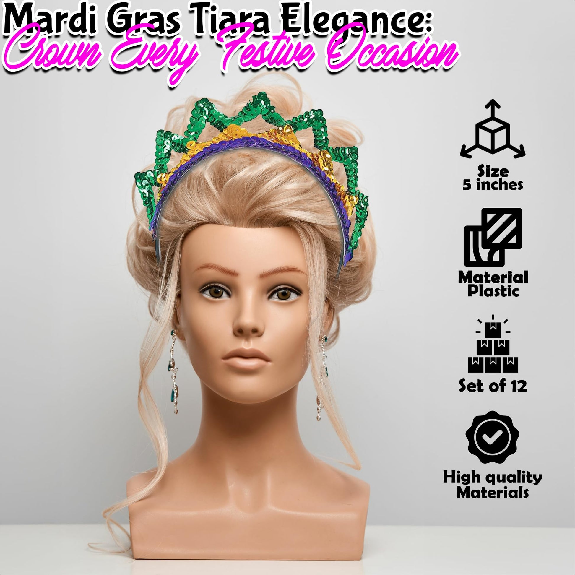 Fun Express Mardi Gras Tiara Princess Crown Assortment - Set of 12 - Costume Party Accessories