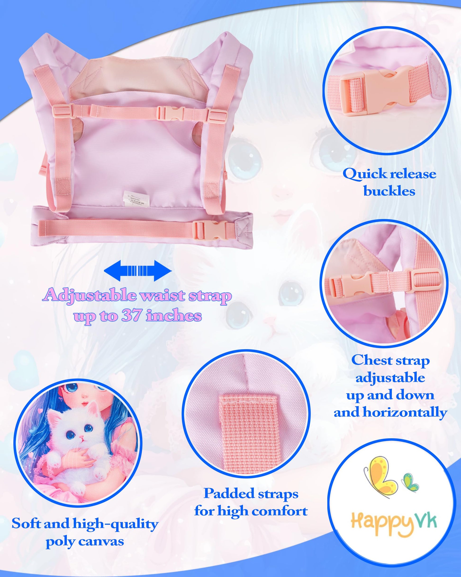 HappyVk Doll Carrier for Kids Baby Doll Carrier with Adjustable Straps Front & Back Carry Pretend Play Toy for Girls Cat Theme