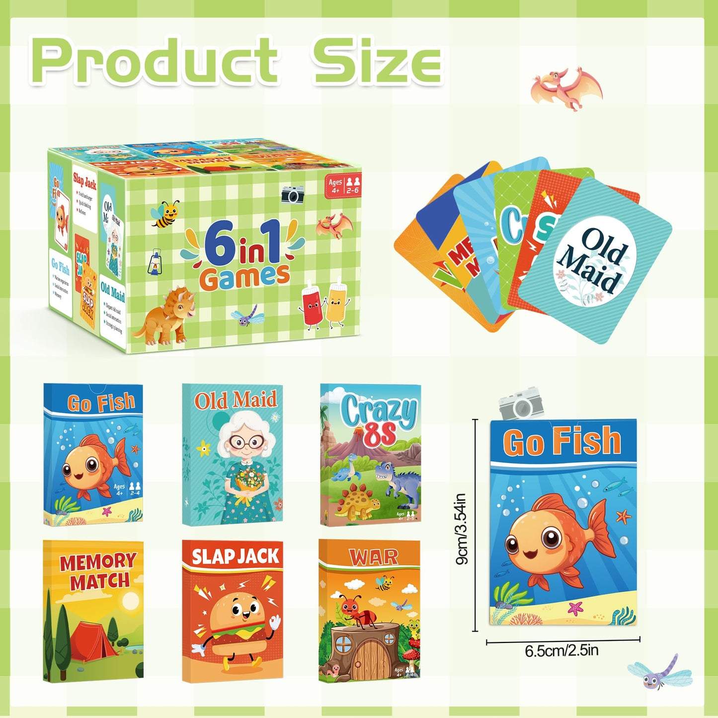 Card Games for Kids, Go Fish,Old Maid,Memory Match,Slap Jack,Crazy 8s,War-6 Pack Classic Fun & Educational Games for Family Game Night,Great Gift