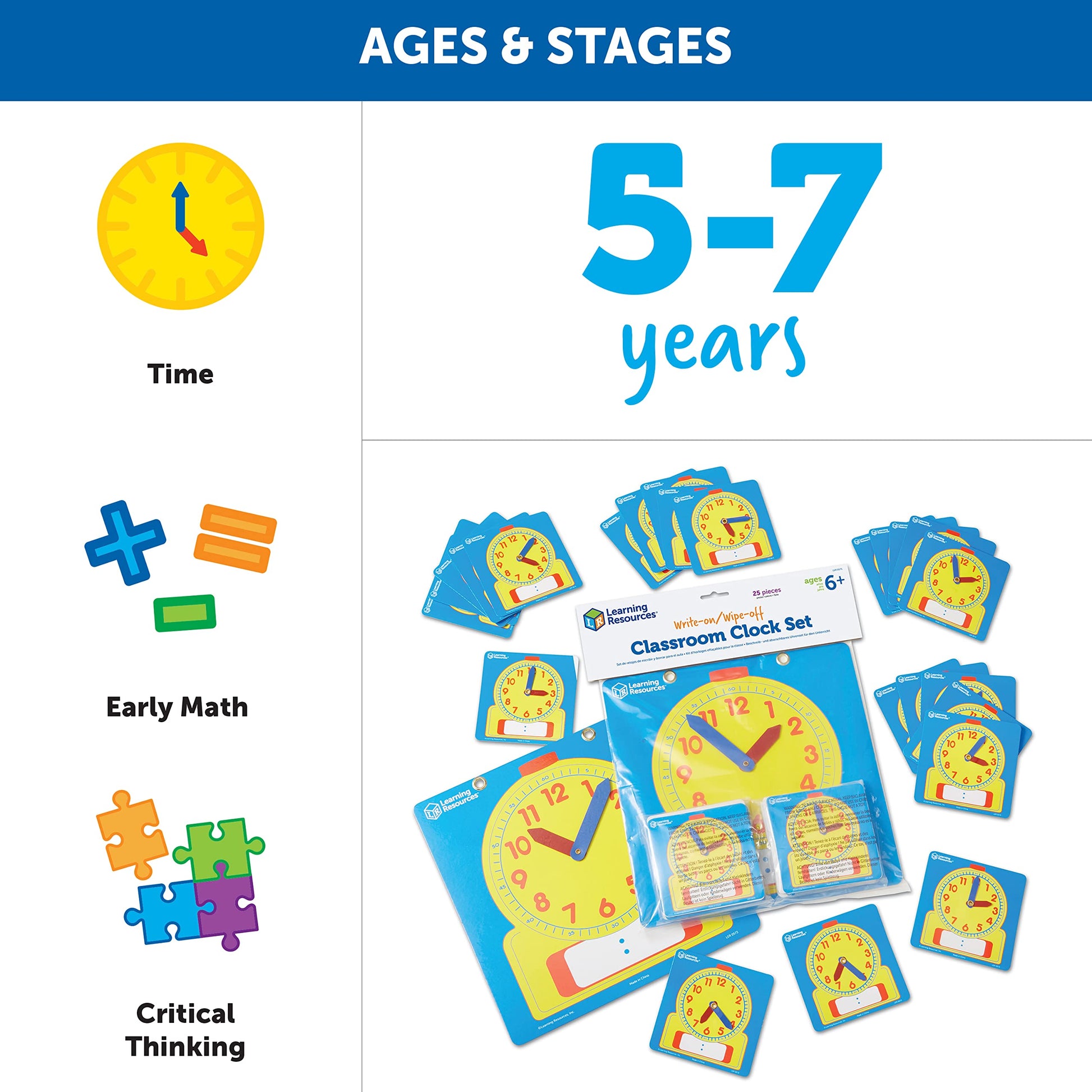 Learning Resources Write & Wipe Clocks Classroom Set - 25 Pieces, Ages 6+ Laminated Dry-Erase, Teaching Aids, Teacher Supplies, Learning Time