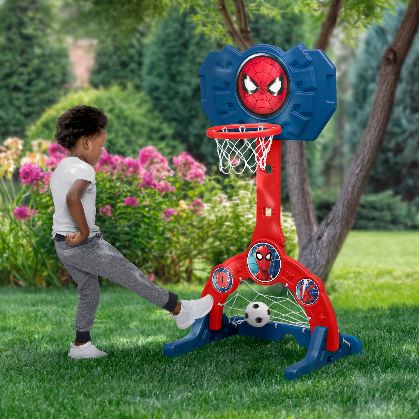 Delta Children Marvel Spider Man 4-in-1 Sports Center - Adjustable Easy Score Basketball Hoop, Soccer/Hockey Net and Golf Game, Red/Blue