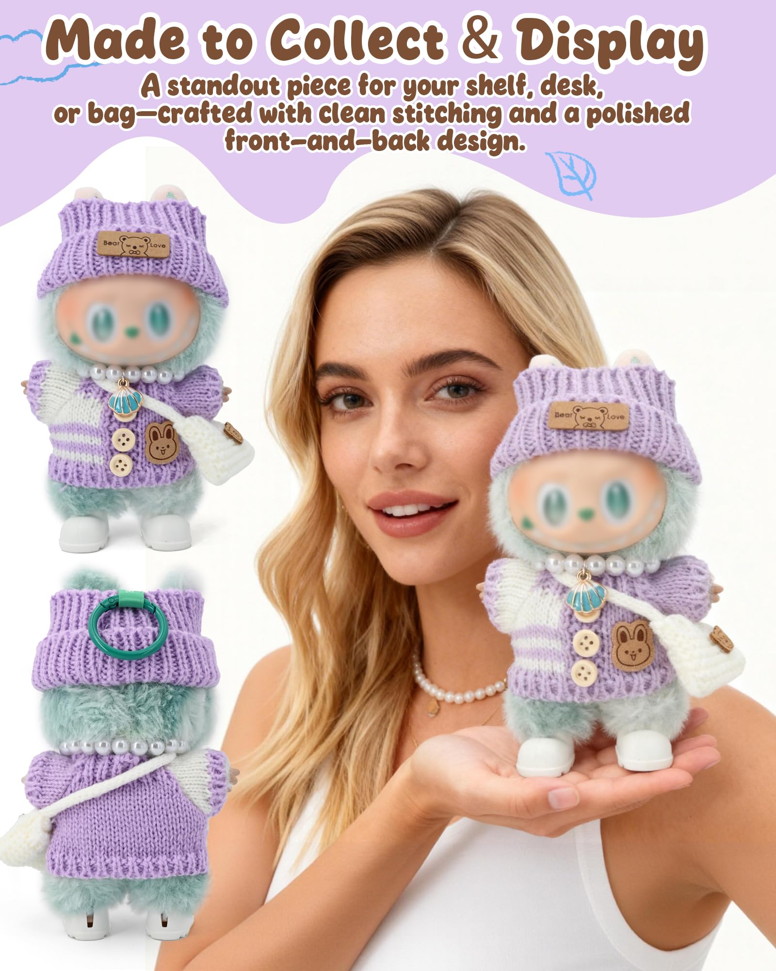 Evowatt Doll Outfits, Clothes for Labubu 17cm Doll, 4-Piece Knitted Doll Clothes Set - Striped Sweater, Beanie Hat, Mini Bag & Shell Bracelet, Purple