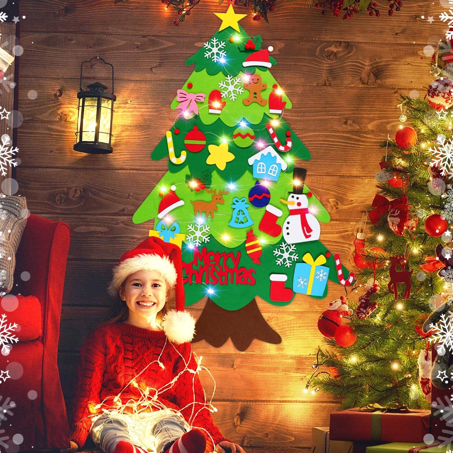 DIY Felt Christmas Tree with 32 Pcs Detachable Ornaments 1 LED String Light