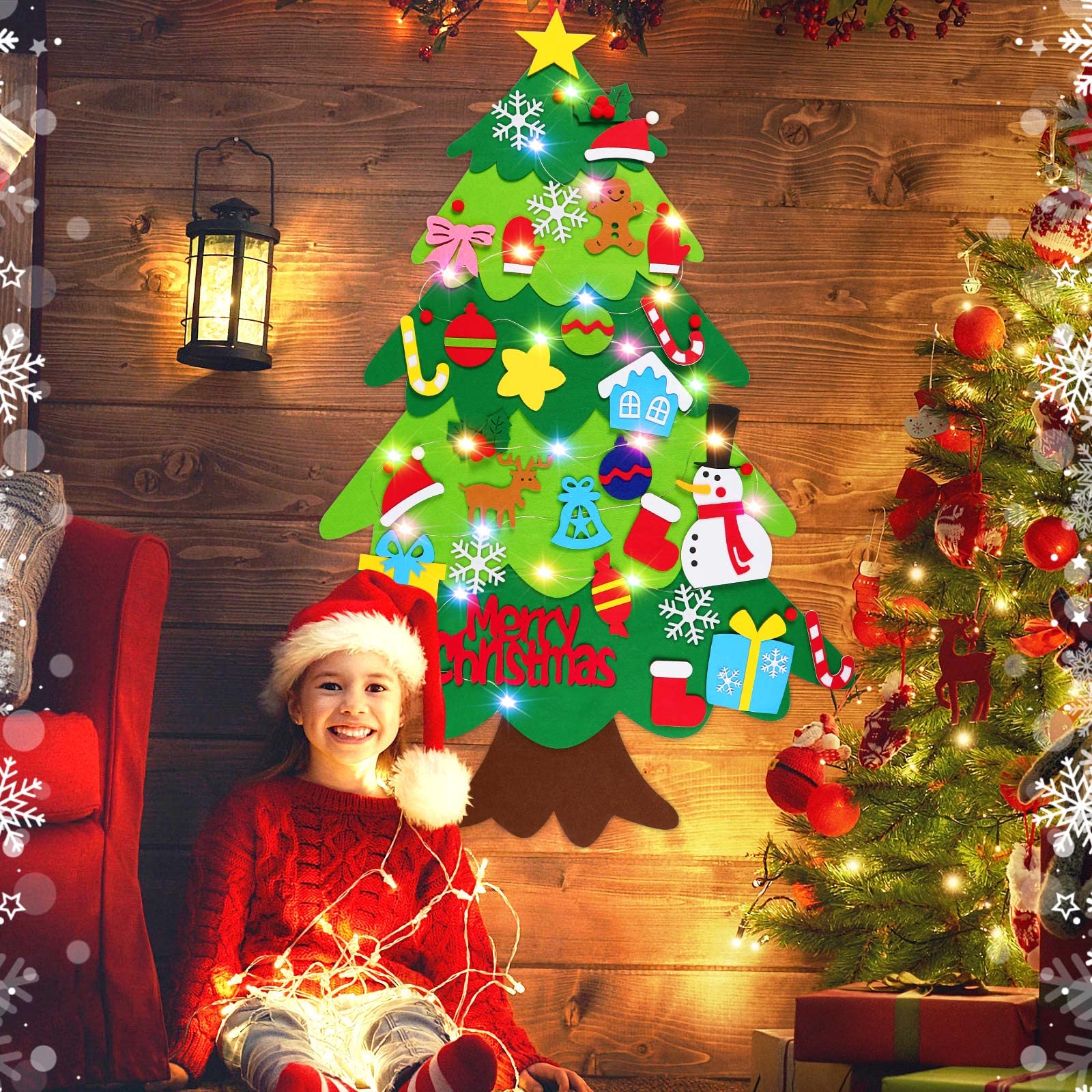 DIY Felt Christmas Tree with 32 Pcs Detachable Ornaments 1 LED String Light