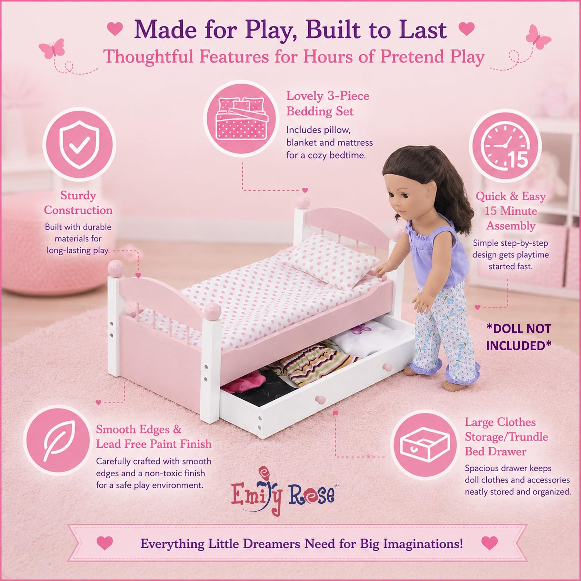 Emily Rose 18" Doll White Stackable Bed w/Storage Drawer & Bedding Set