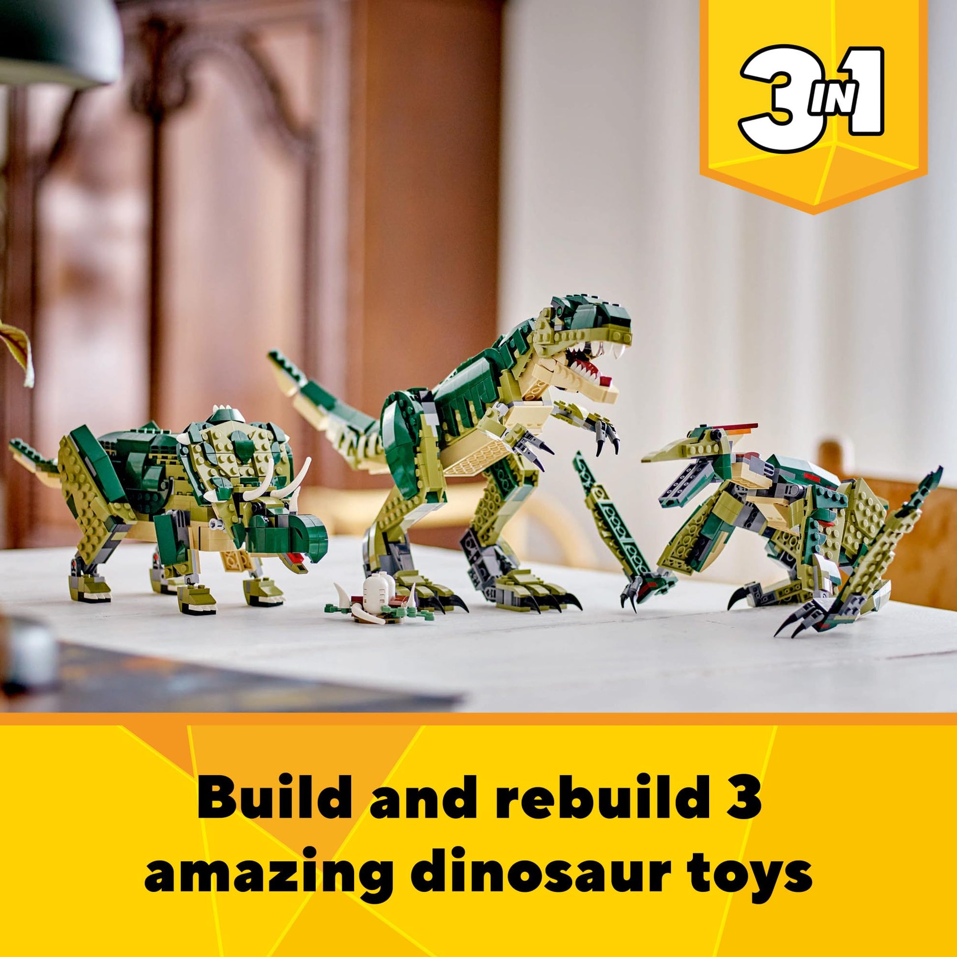 LEGO Creator 3 in 1 T Rex Toy - Dinosaur Toy Building Set for Kids, Boys & Girls, Ages 9+ - 3 Building Options, T-Rex to Triceratops to Pterodactyl -