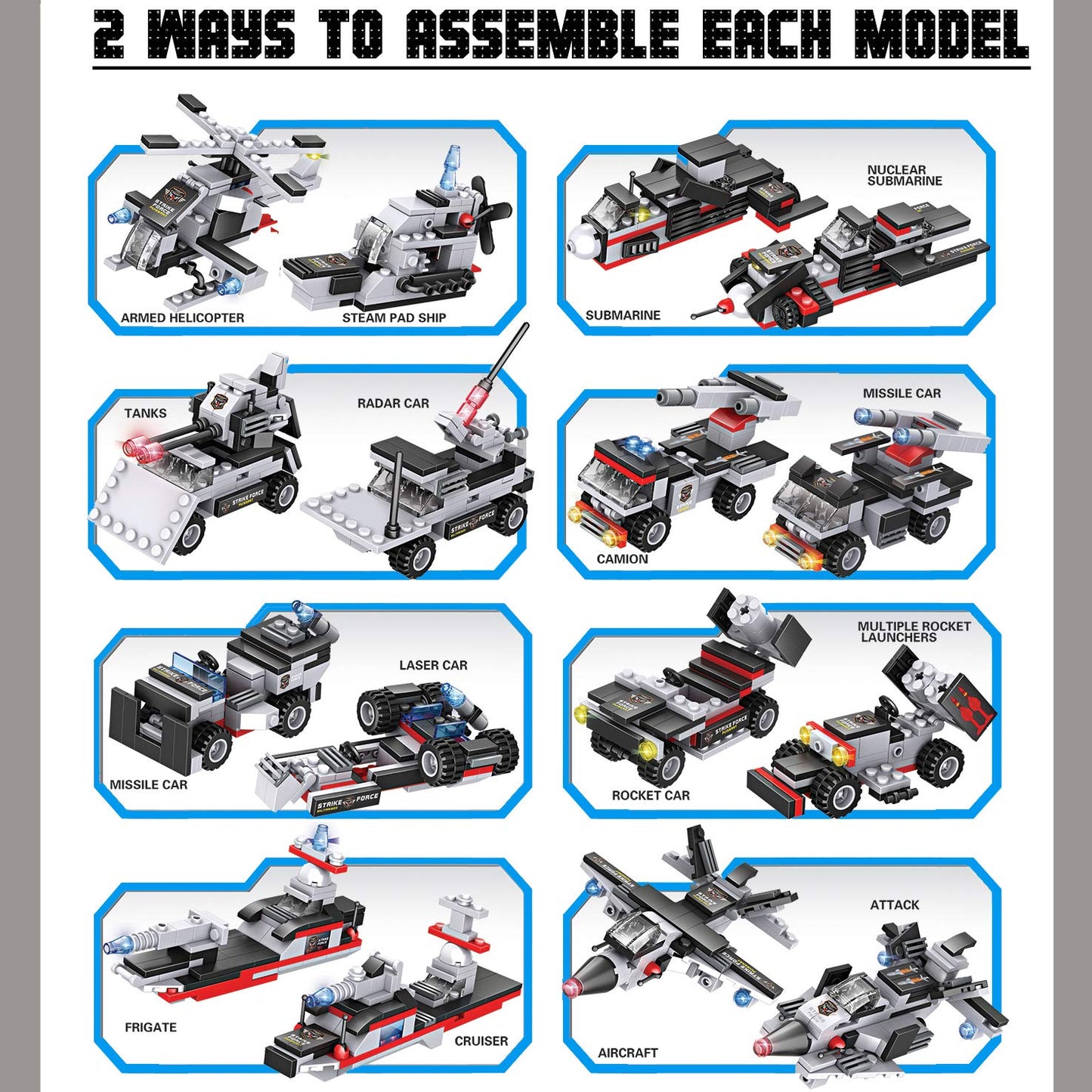 Liberty Imports 825pc Military Aircraft Carrier Fleet Construction Bricks Toy - 8-in-1 Naval Battleship Models with Navy Vehicles, Jets & More
