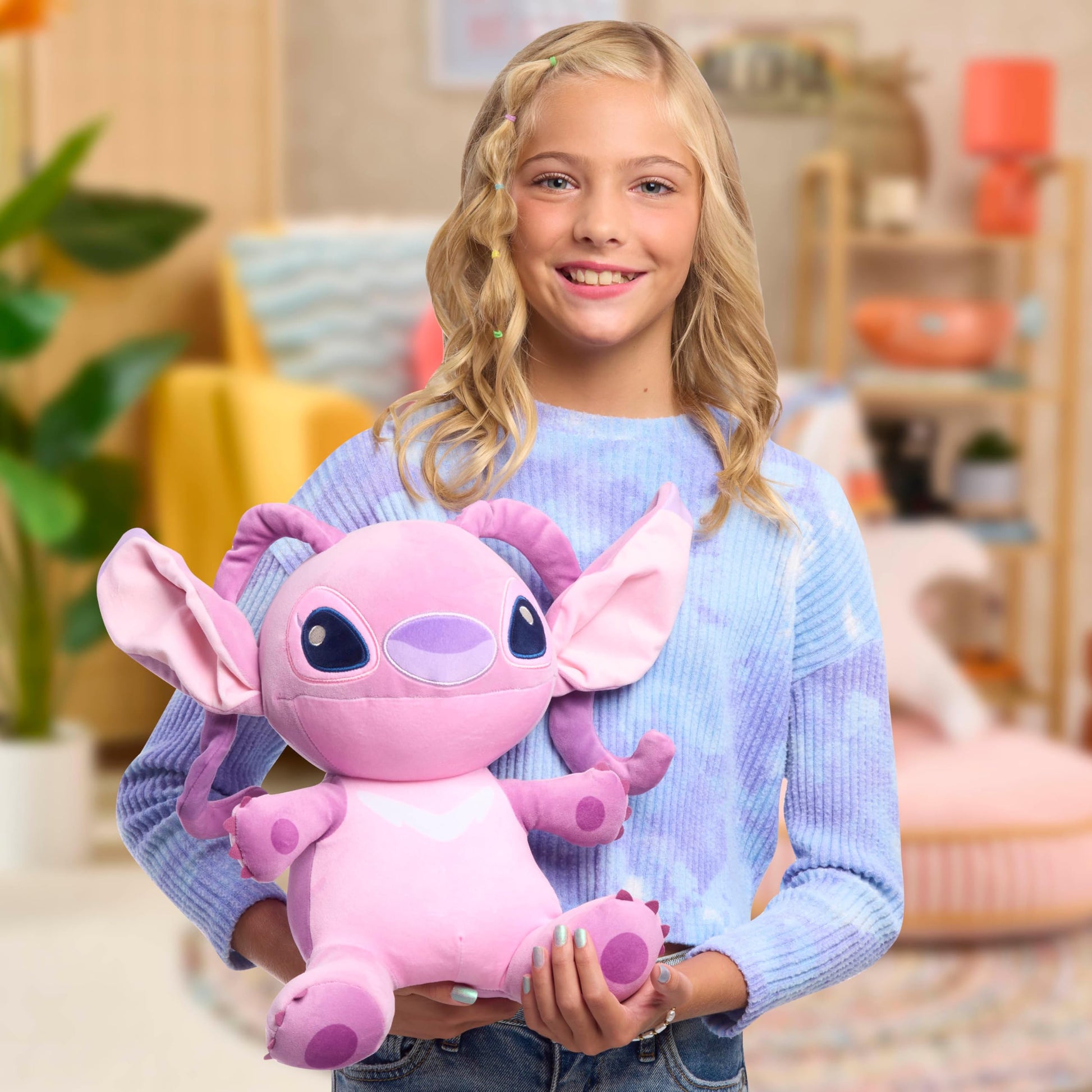 Disney Stitch Comfort Weighted Plush Angel, Officially Licensed, 14-inch Stuffed Animal, Super Soft Snuggly Stretchy Fabric, Alien, Pink, Kids Toys