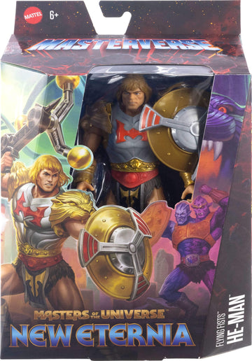 Masters of The Universe Masterverse 7-Inch Action Figure, New Eternia Flying Fists He-Man Motu Toy, Spinning Weapon & Shield, 30 Articulations