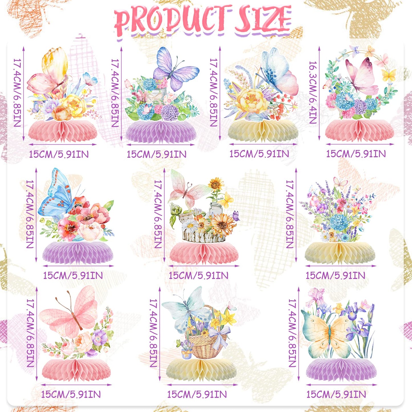 10pcs Butterfly Party Decorations - Spring Pink Purple Butterfly Flowers Centerpieces 3D Table Honeycomb Toppers for Girls Baby Shower Party Photo
