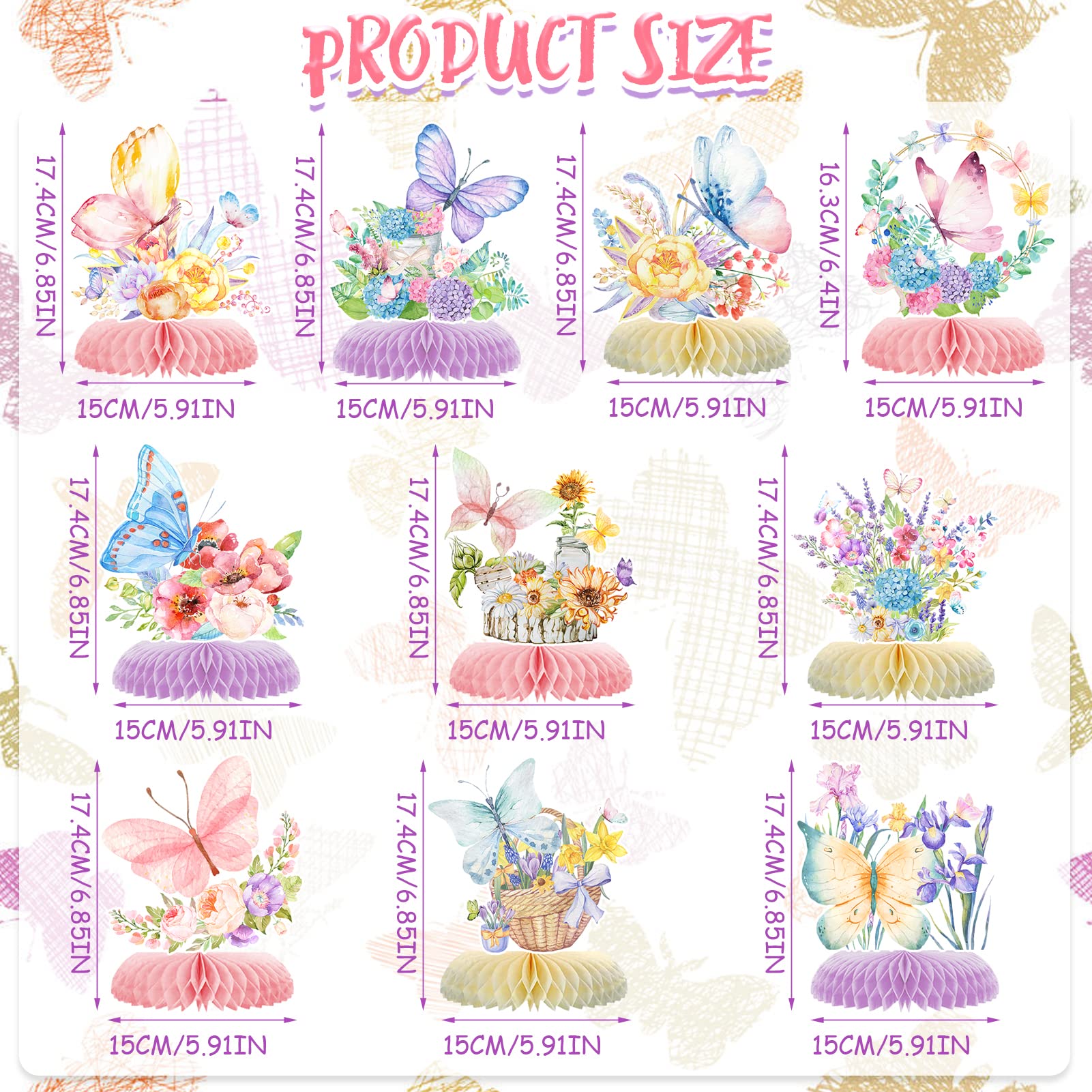 10pcs Butterfly Party Decorations - Spring Pink Purple Butterfly Flowers Centerpieces 3D Table Honeycomb Toppers for Girls Baby Shower Party Photo