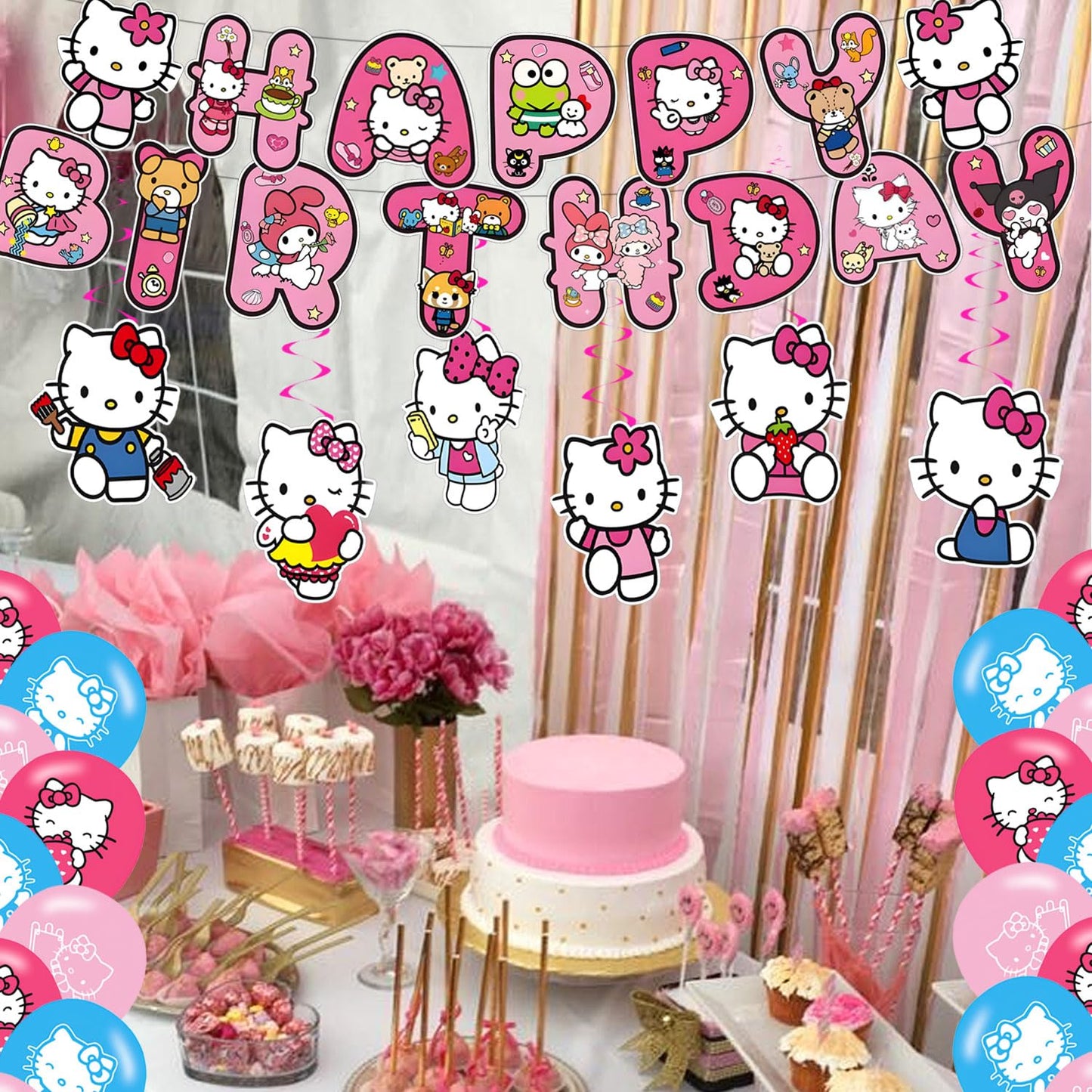 Hello Cat Birthday Party Decorations,Kitty Party Supply Set for Kids with Happy Birthday Banner, Swirls,Centerpieces,24 Balloons for Kitty Cat Party