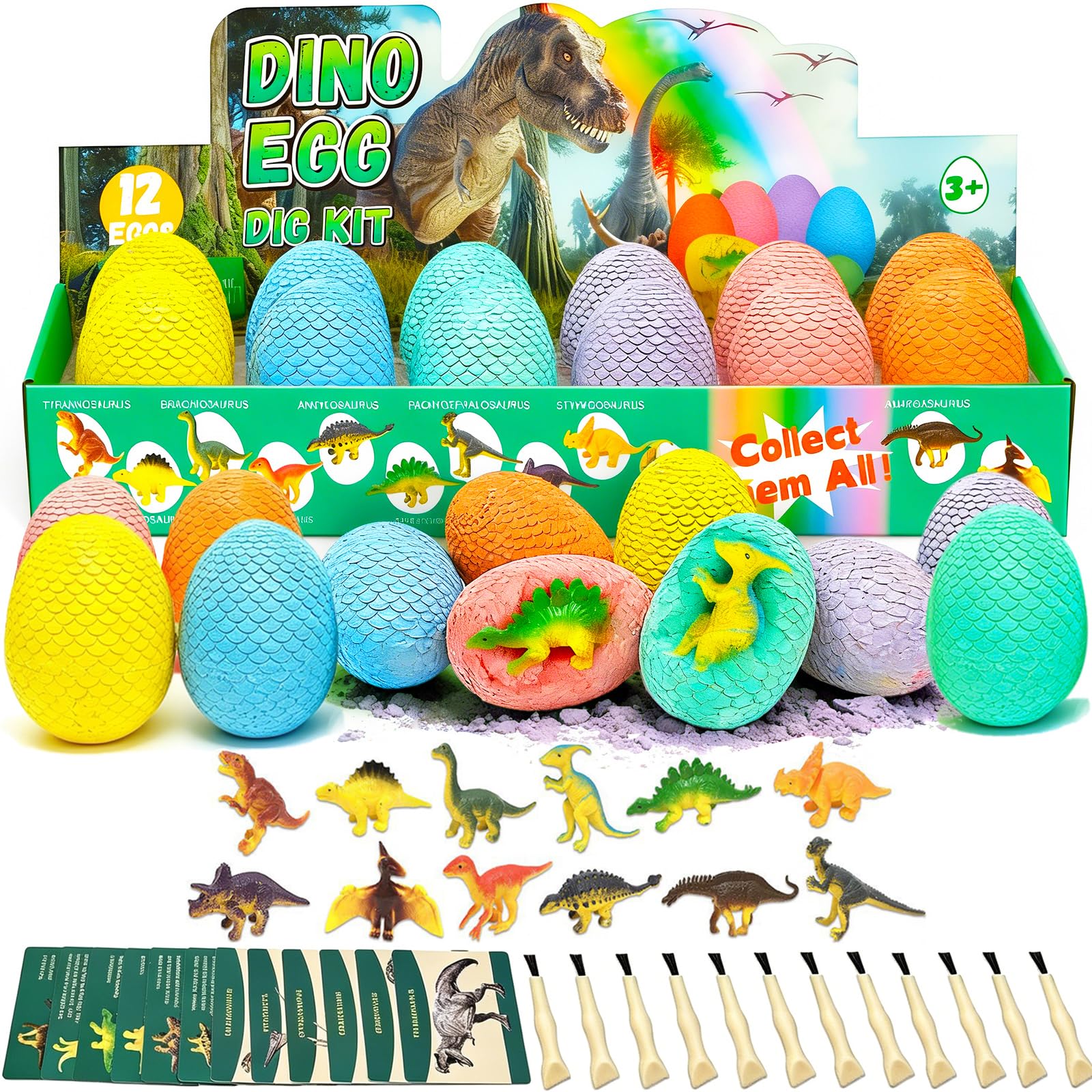 EXBEPE Dinosaur Eggs Excavation Dig Kit, 12 Fossilized Colorful Easter Dinosaur Egg with 12 Cards and 12 Dig Tools, Science Education STEM Toys