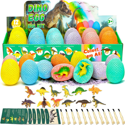 EXBEPE Dinosaur Eggs Excavation Dig Kit, 12 Fossilized Colorful Easter Dinosaur Egg with 12 Cards and 12 Dig Tools, Science Education STEM Toys