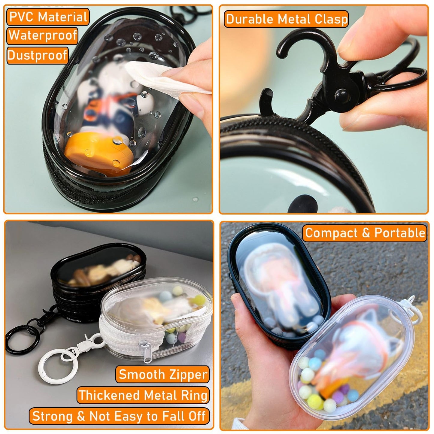 4pcs Clear Figure Display Bag with Keychain Pompom Ball Portable Mini Doll Pouch Carrying Case Blind Box Figures Display Case for Collectibles Zipper